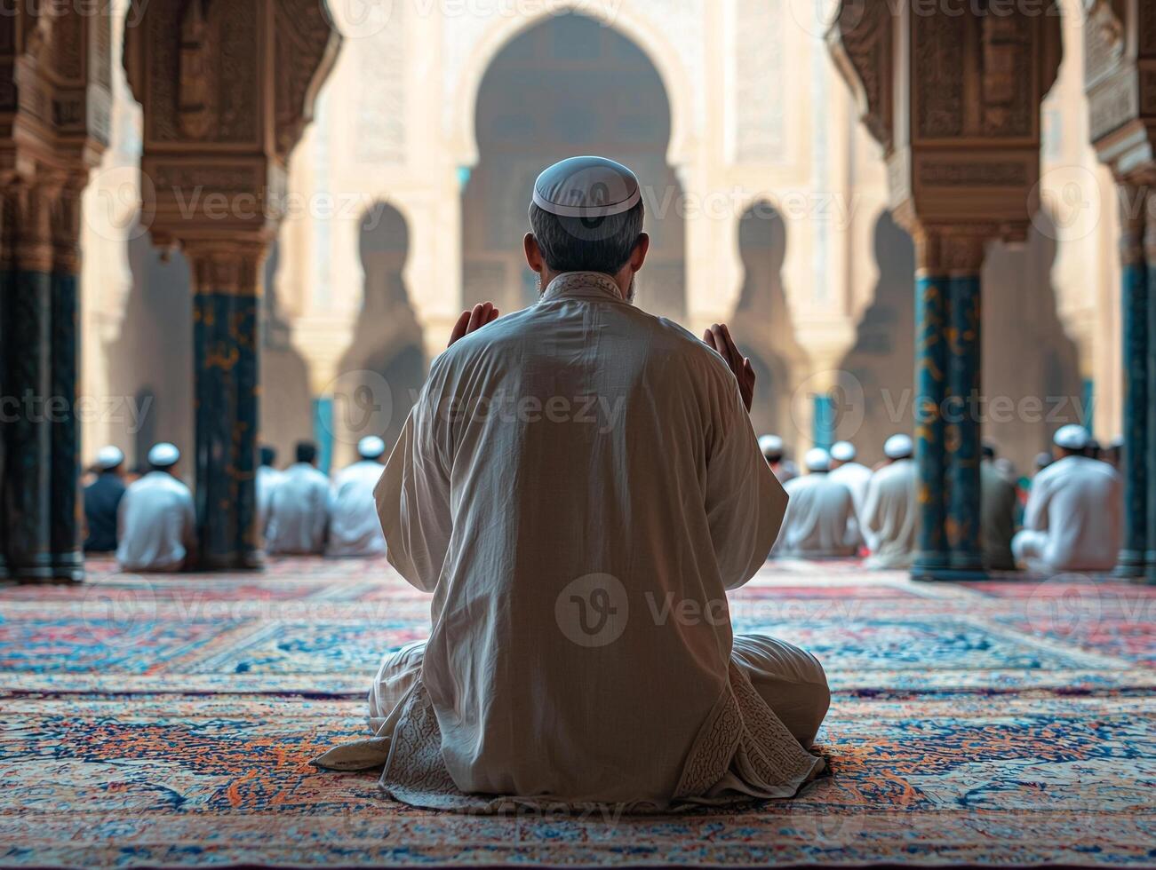 close up view shows Imam raised hands preparing begin Takbir for Maghrib prayer surrounded worshippers in mosque reflecting unity and devotion during Eid al Fitr photo