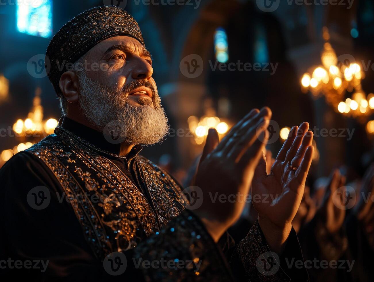 In tranquil mosque setting Imam stands before worshippers hands raised in prayer as he prepares for Takbir during sacred Eid al Fitr celebration capturing spiritual unity photo