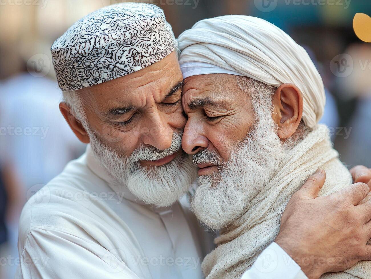 Close up of Imam comforting grieving man in mosque sharing words of support and offering prayers during meaningful Eid al Fitr celebration photo