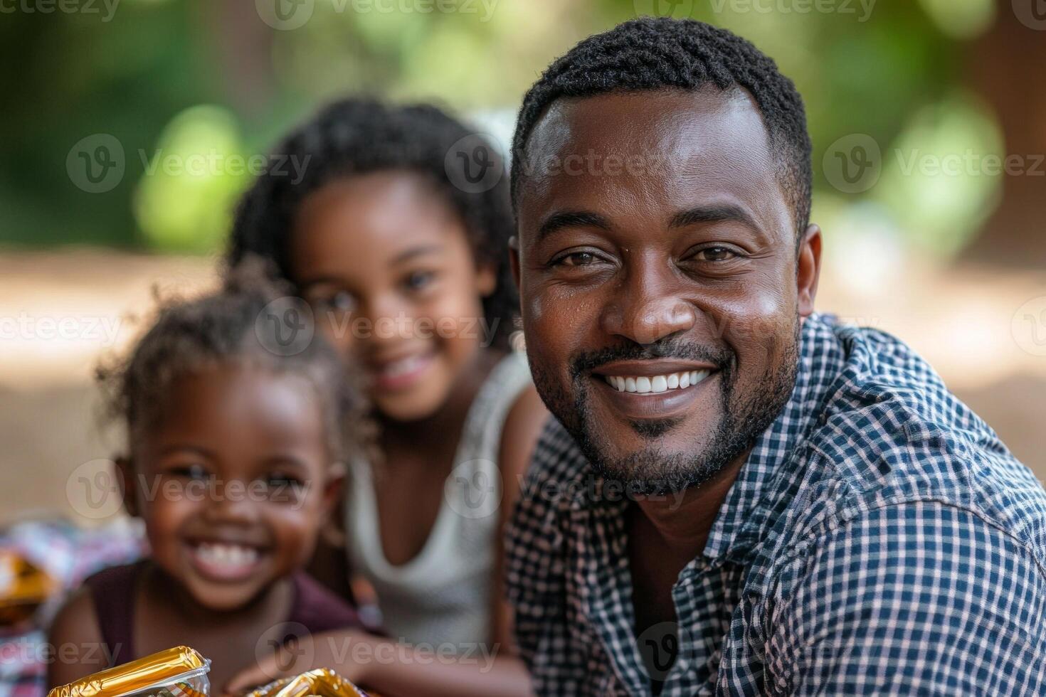 Parents and children gather joyfully on checkered blanket for festive family picnic. They unwrap delicious treats while sharing laughter and enjoying each other's company photo