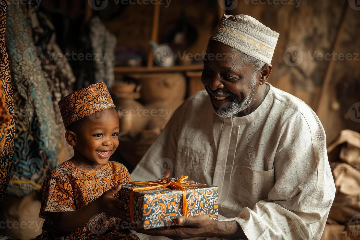 joyous moment captured as grandfather hands wrapped gift his smiling grandson during Eid al Fitr festivities celebrating family bonds and traditions photo