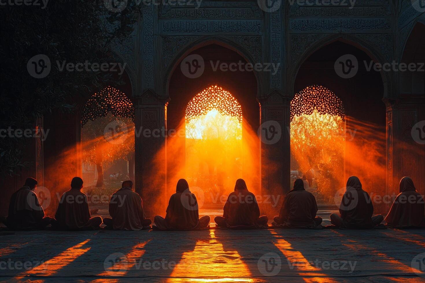 Young Muslim men sit cross legged in mosque sharing insights and teachings after prayer. Warm light fills space creating peaceful atmosphere during Eid al Fitr celebrations photo