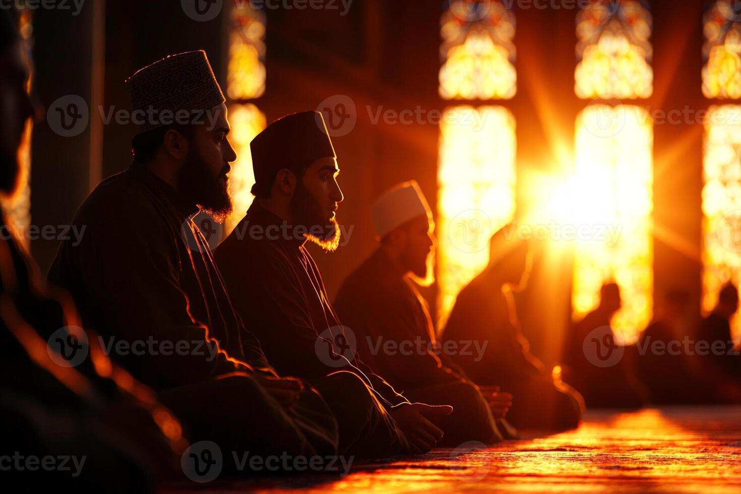 Young Muslim men sit cross legged in mosque engaging in heartfelt discussions about religious teachings after completing their prayers illuminated warm natural light photo