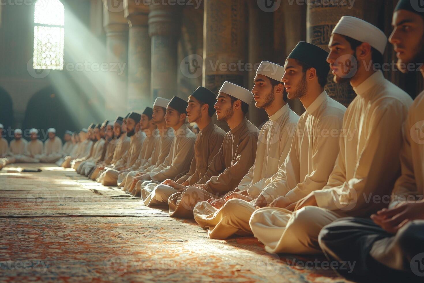 group of young Muslim men sit cross legged on mosque floor discussing religious teachings in warm tranquil atmosphere created soft lighting photo
