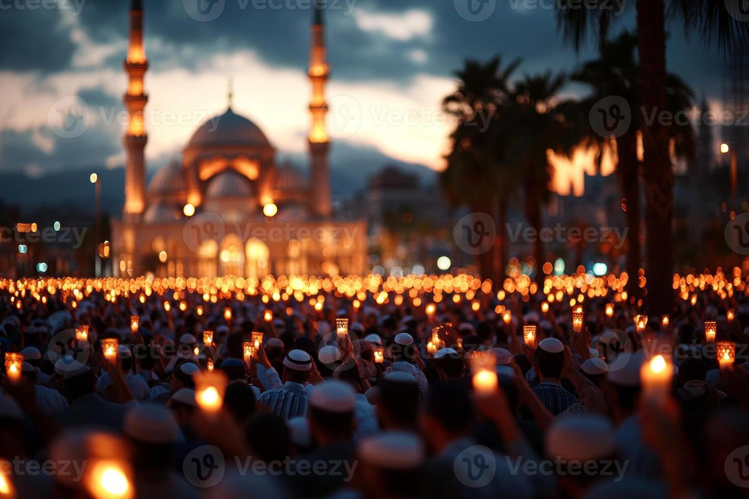 group of worshippers illuminated candlelight gathers in mosque during Laylatul Qadr raising their hands in heartfelt supplication and seeking spiritual connection photo