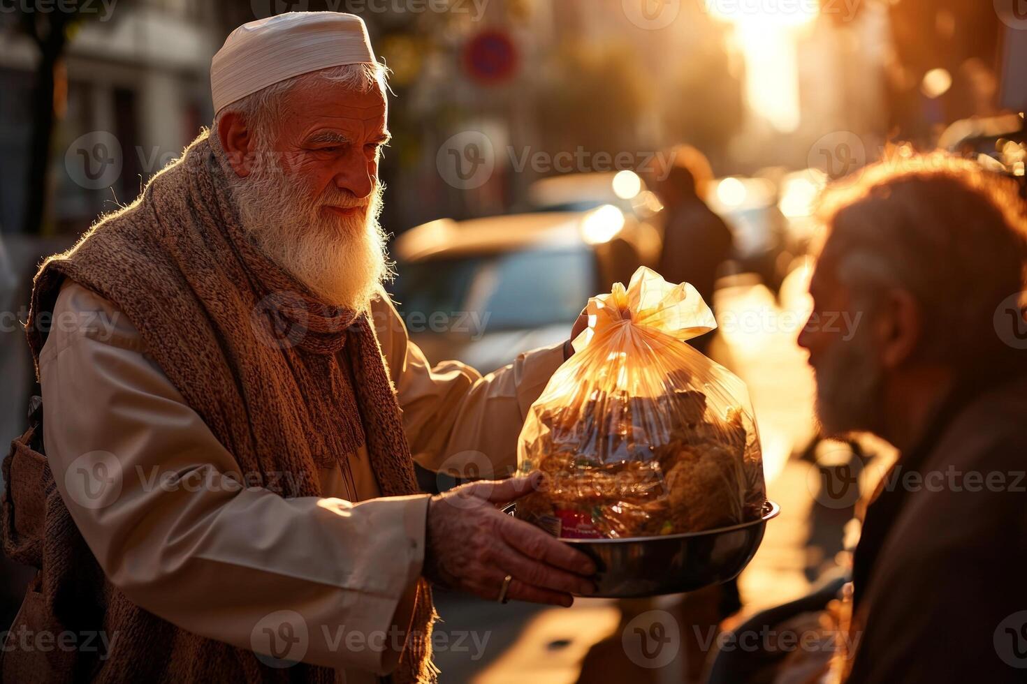 In warm afternoon glow Muslim man in white thobe hands bag of food homeless person on bustling city street exemplifying kindness and compassion photo