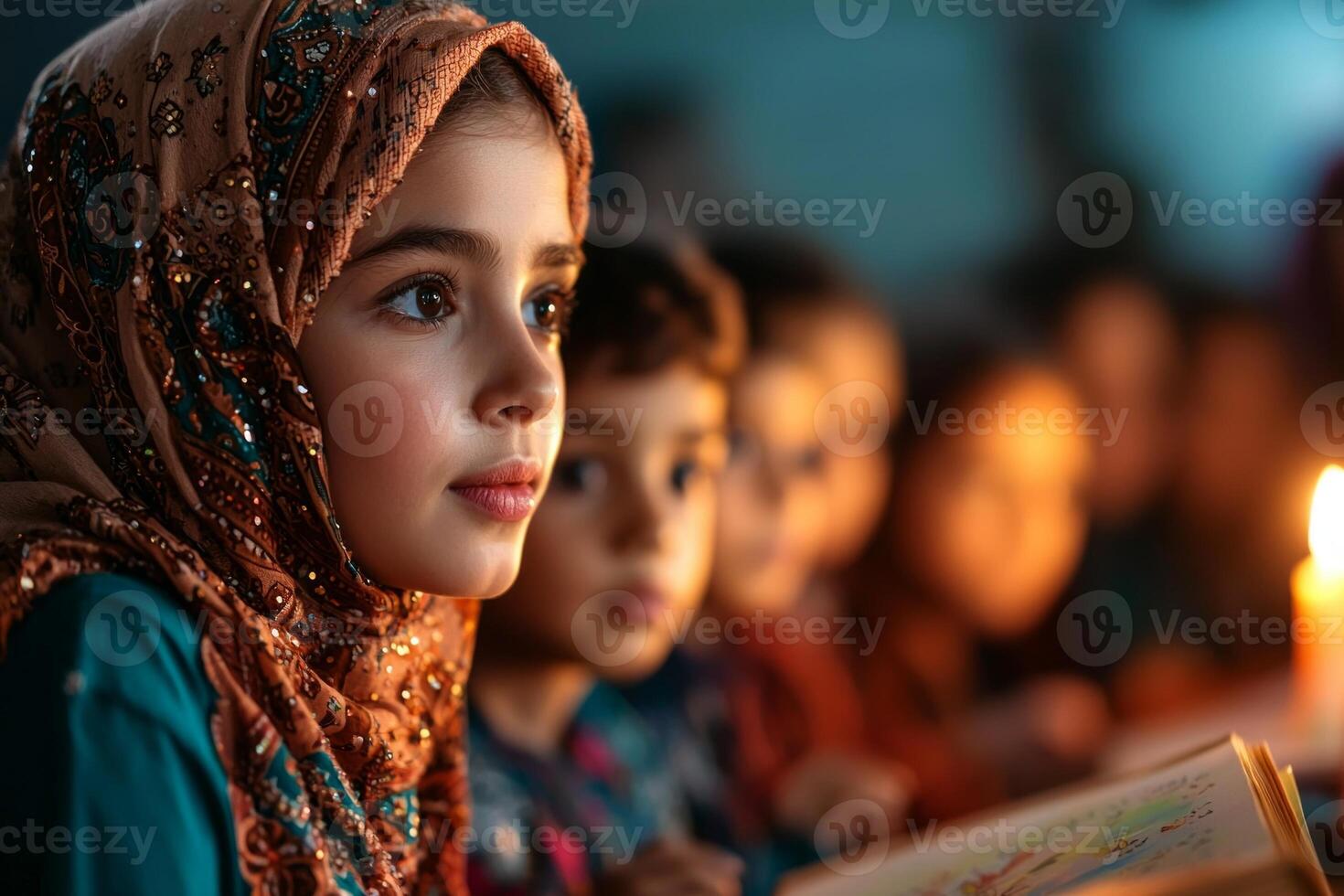 Muslim woman dressed in traditional attire reads storybook group of captivated orphaned children their faces glowing wonder and joy as they listen attentively photo