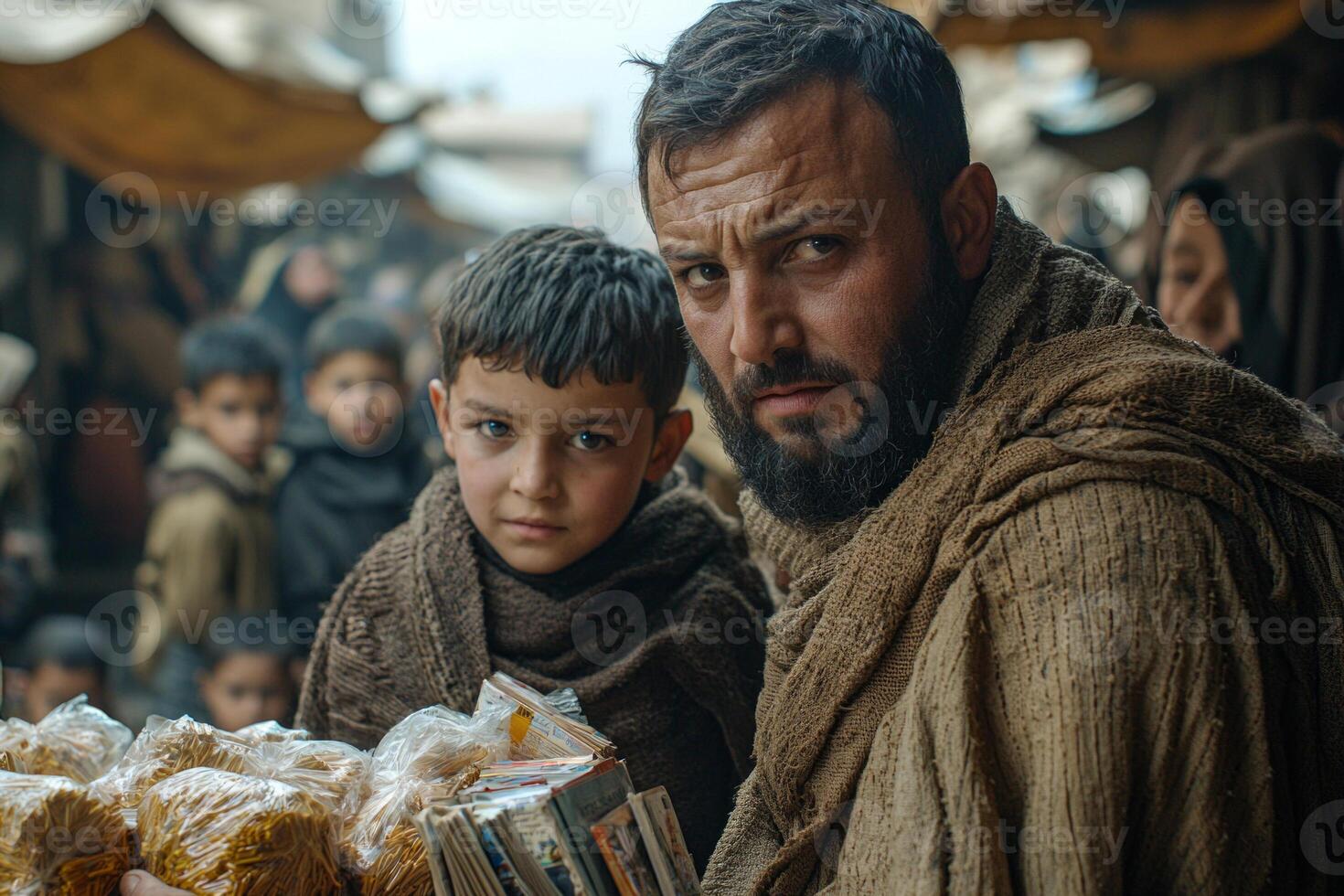 Muslim father and his son joyfully distribute school supplies underprivileged children in refugee camp showcasing spirit of giving during Eid al Fitr photo