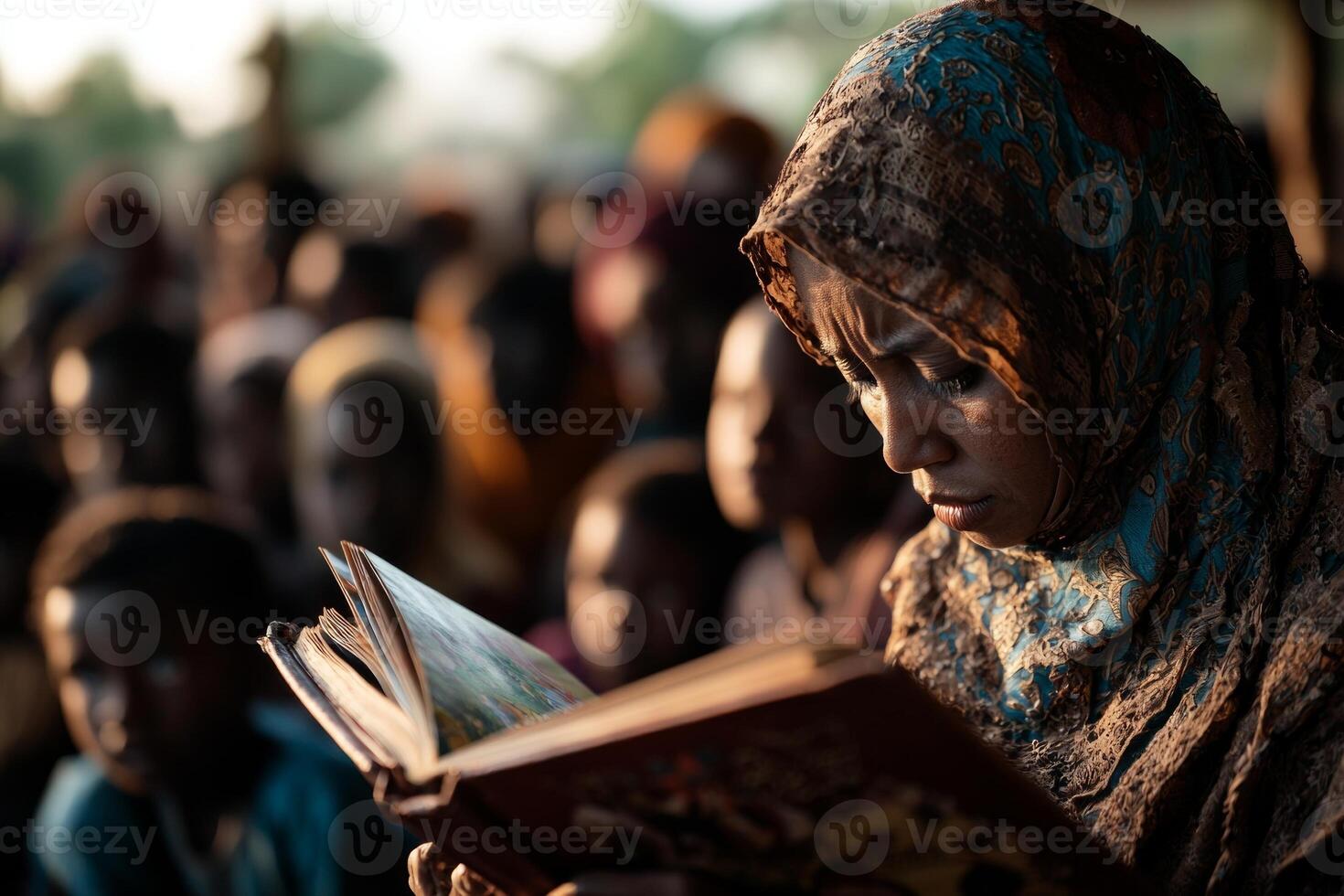Muslim woman in hijab reads storybook captivated group of orphaned children their faces reflecting joy and curiosity during cultural celebration highlighting community and togetherness photo