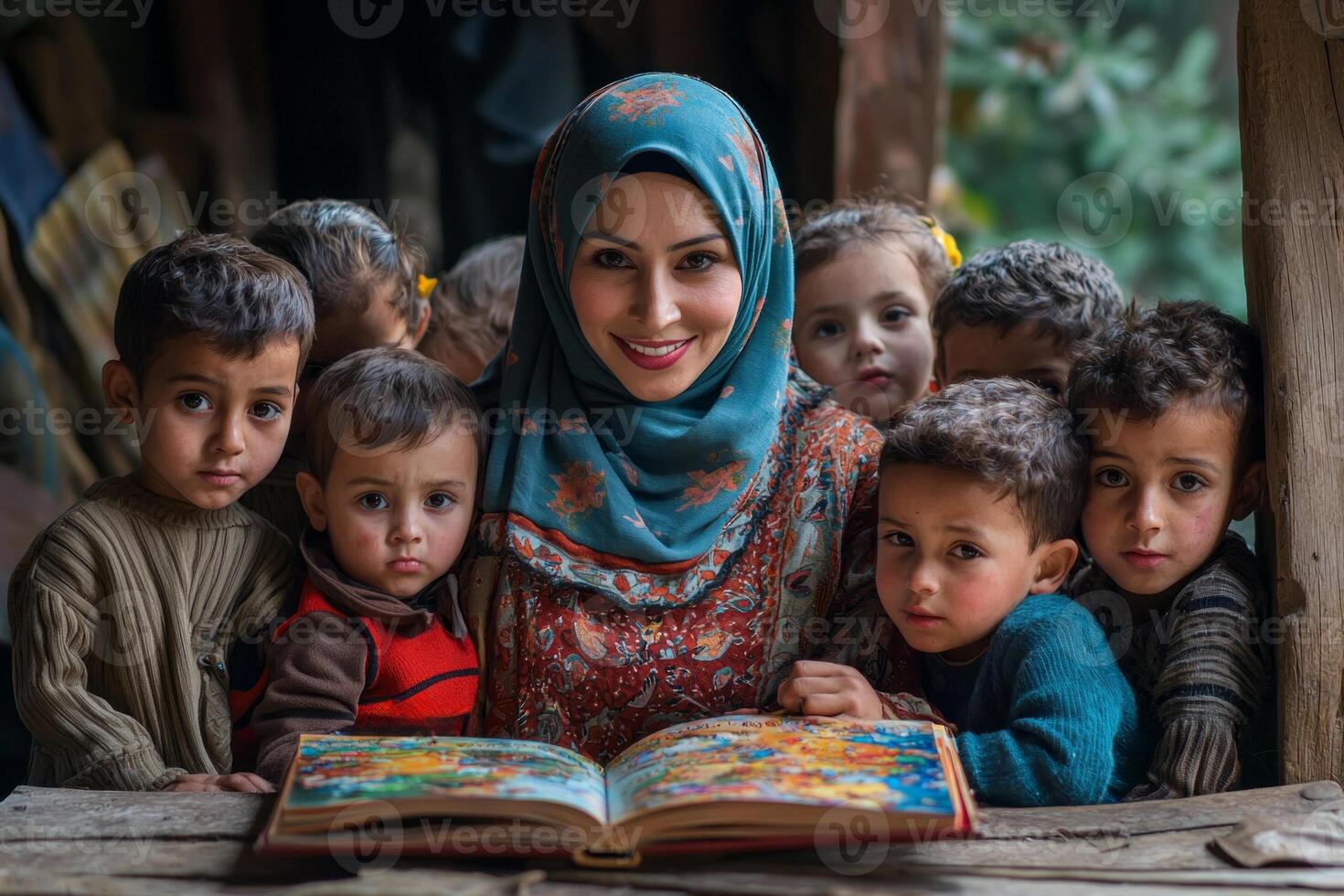 Engaging in heartwarming storytelling session Muslim woman in hijab captivates group of orphaned children vibrant storybook sparking feelings of joy and wonder among them photo