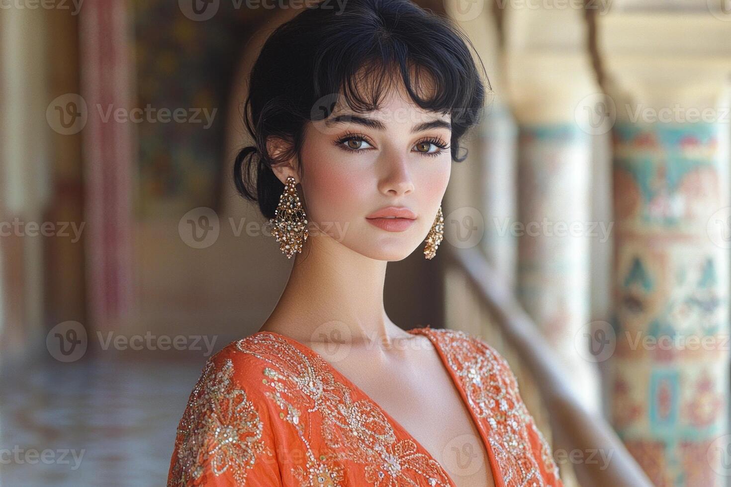 Dressed in richly embroidered Moroccan kaftan woman stands on traditional tiled balcony. Her kohl framed eyes reflect contemplation fitting for festive atmosphere of Eid al Fitr photo