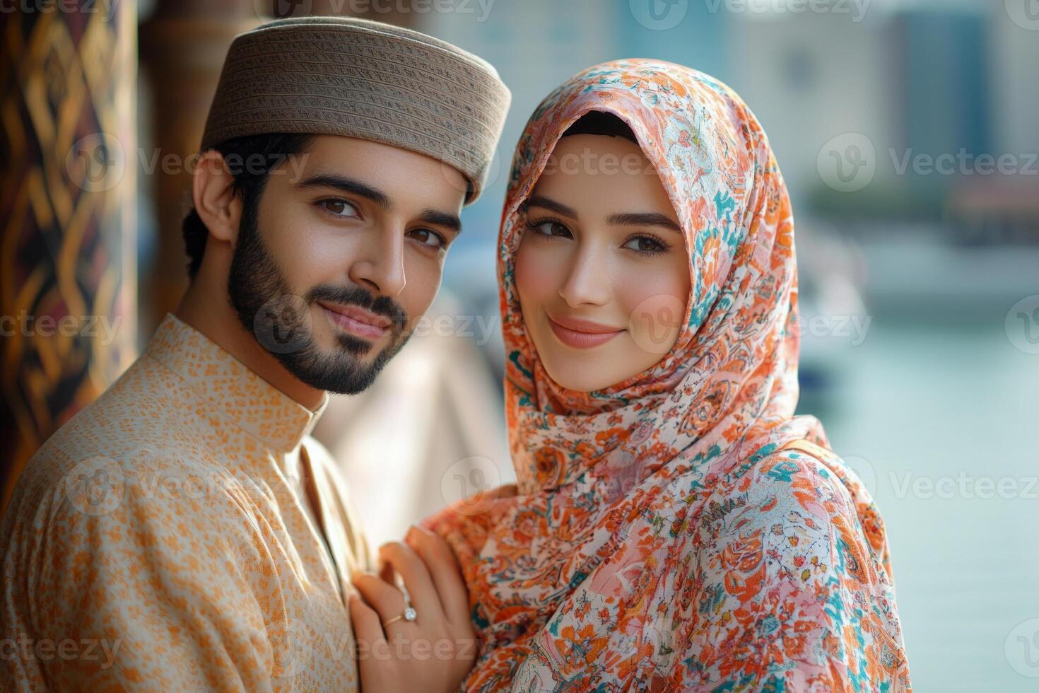 young Muslim couple dressed in matching abaya and thobe stands on beautifully carved wooden bridge gazing each other affection during Eid al Fitr festivities photo