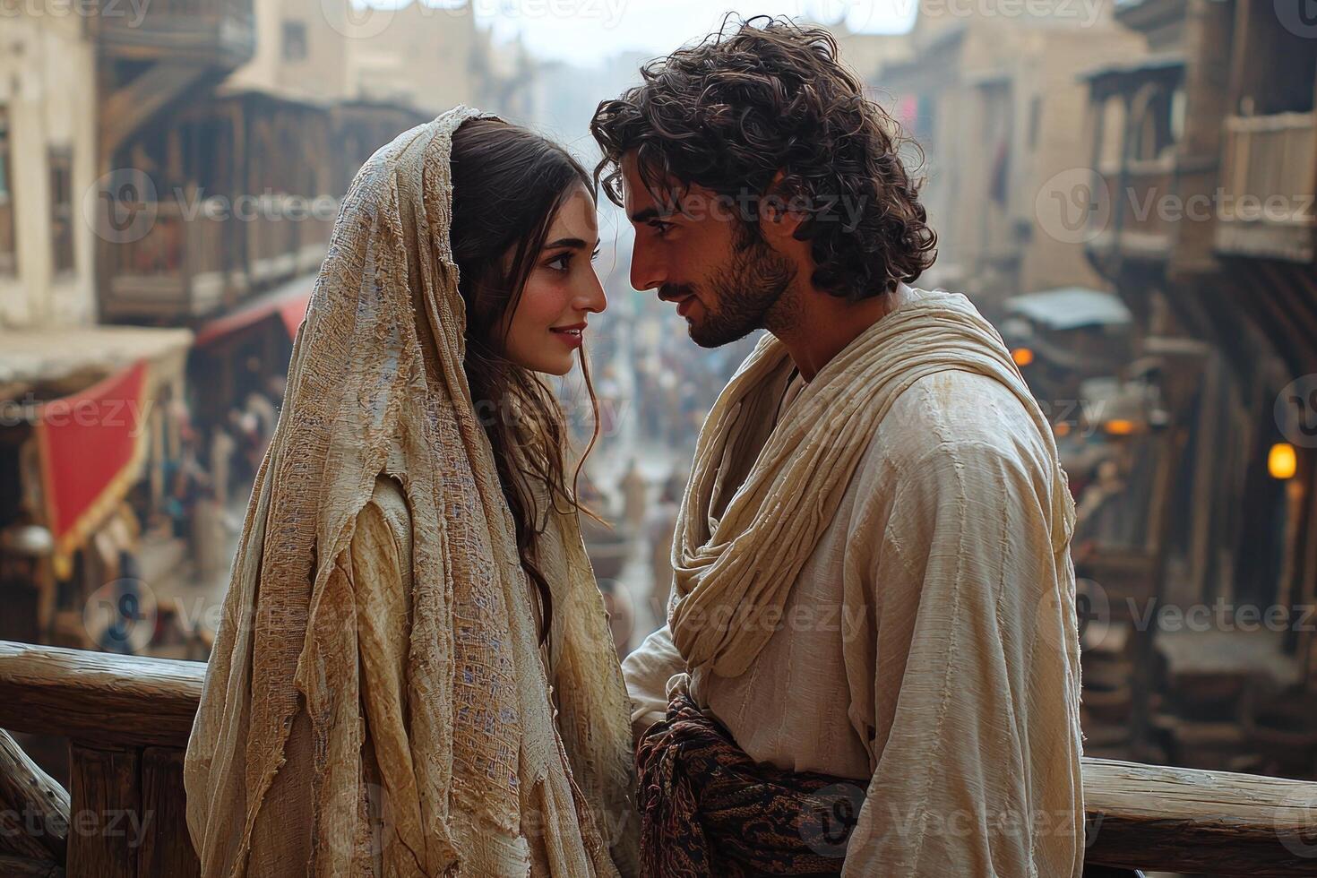 young Muslim couple in matching traditional attire stands on beautifully carved wooden bridge gazing each other lovingly amidst vibrant setting of ancient city during festival photo