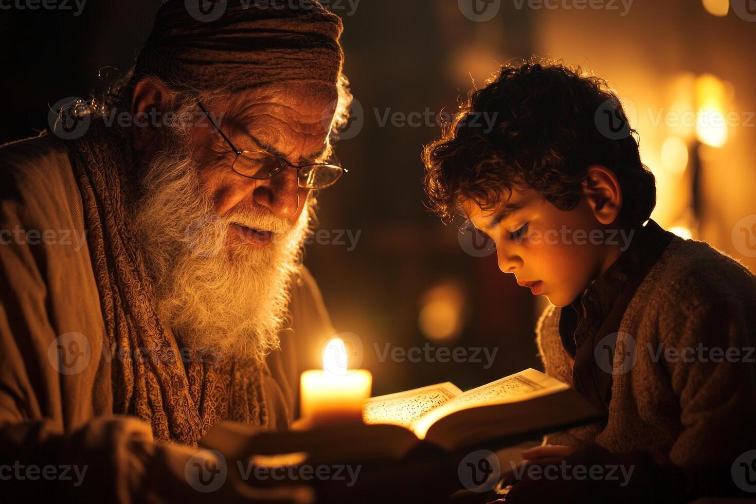 In serene home prayer space elderly man and young boy pray together Quran open on wooden stand between them illuminated warm ambient light photo