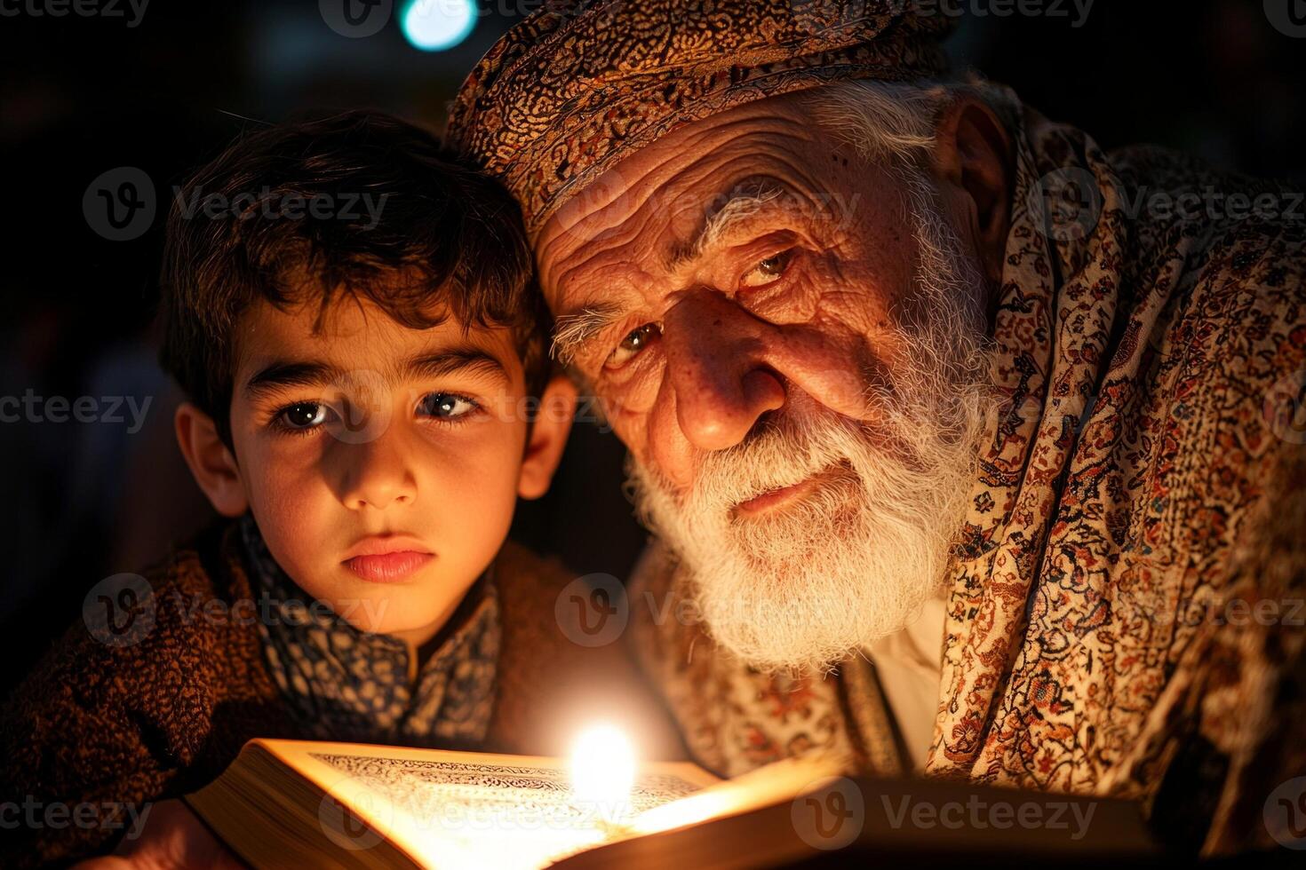 elderly man and young boy sit closely together in tranquil home prayer space reading from Quran on wooden stand warm lighting fostering sense of closeness and spirituality photo