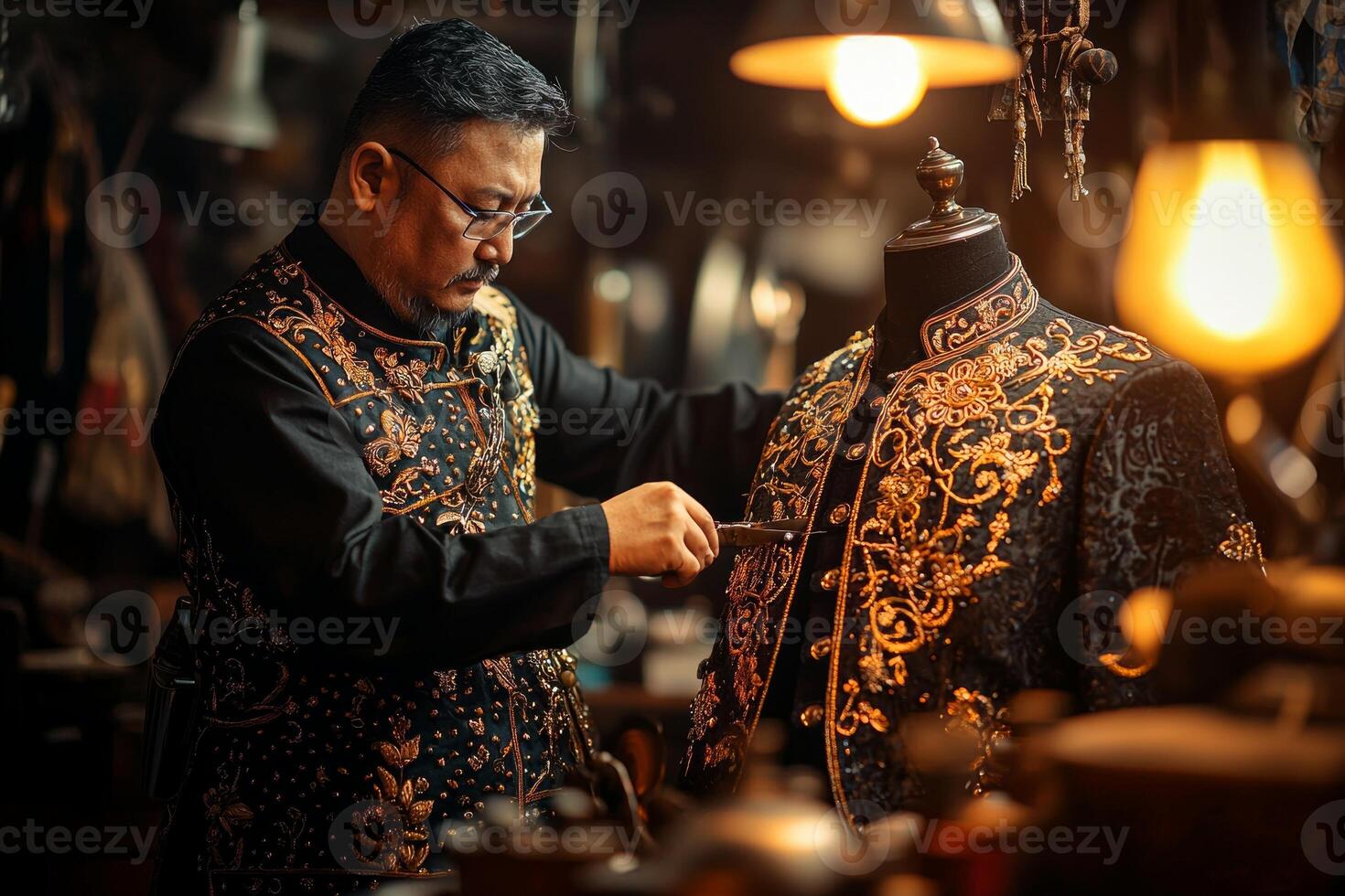 professional tailor focuses on adjusting thobe adorned intricate golden embroidery bright workshop lights preparing for upcoming celebrations during Eid al Fitr photo