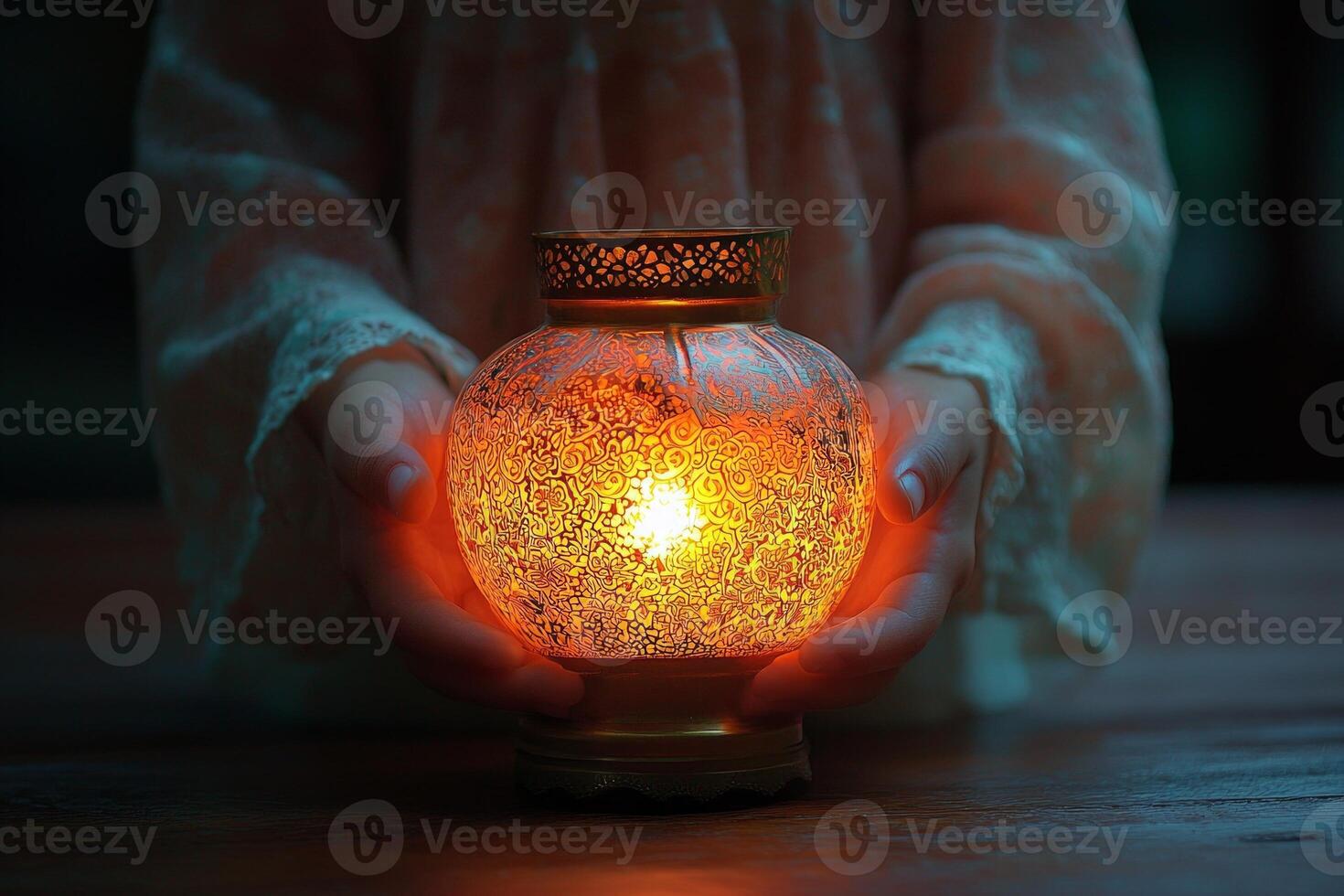 child carefully sets small glowing lantern on table contributing festive decorations for upcoming Ramadan gathering home. Family traditions create joyful atmosphere photo