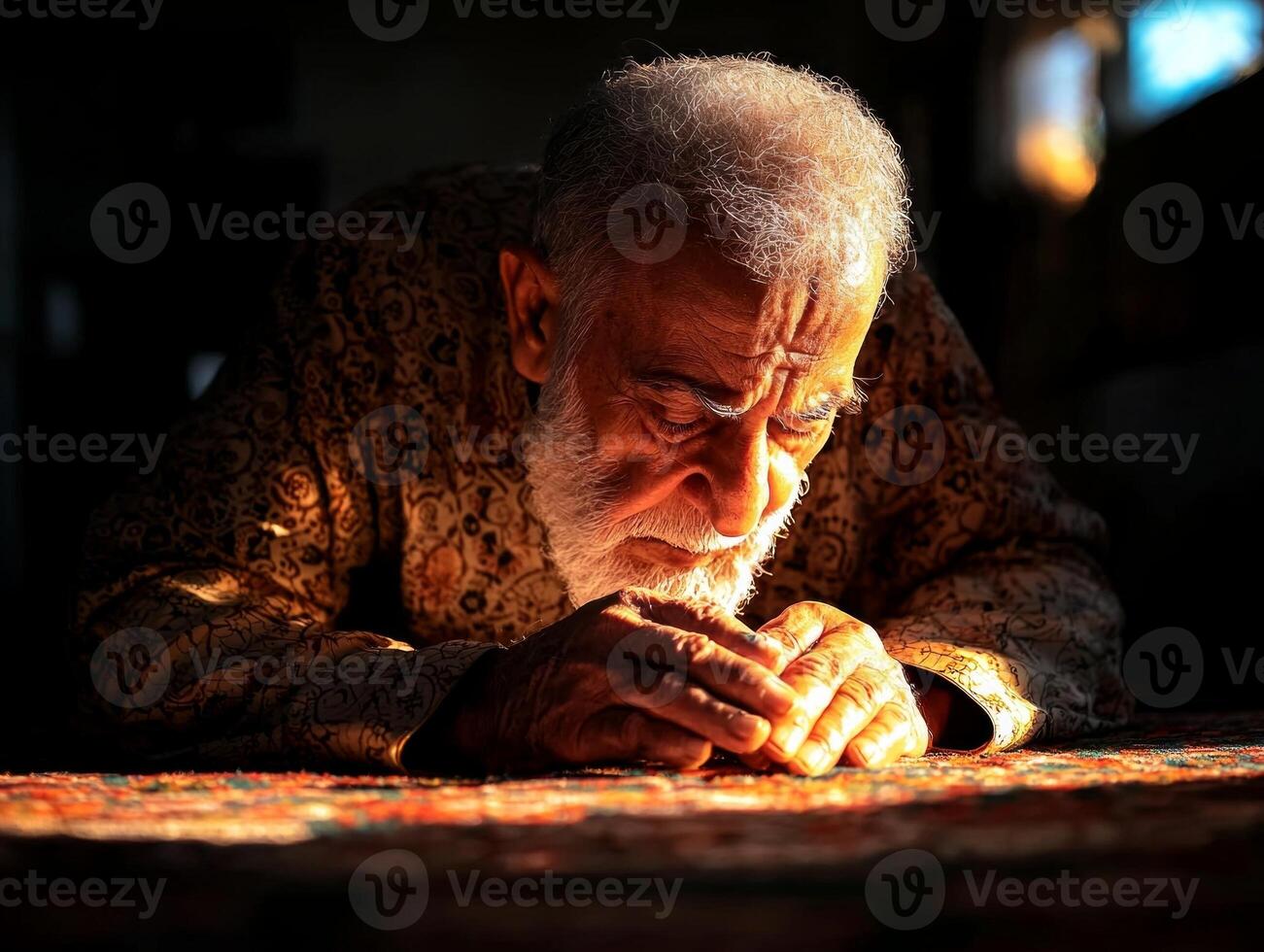 elderly Muslim man kneels in devotion his forehead touching beautifully patterned prayer rug warm golden light photo