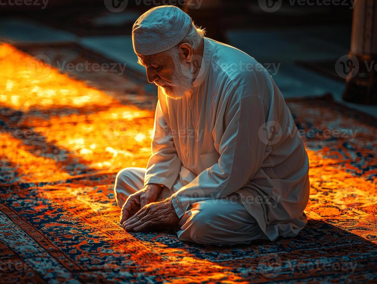 elderly Muslim man kneels in Sujood on patterned prayer rug his forehead touching ground as soft golden light streams through nearby windows creating serene atmosphere during Eid al Fitr photo
