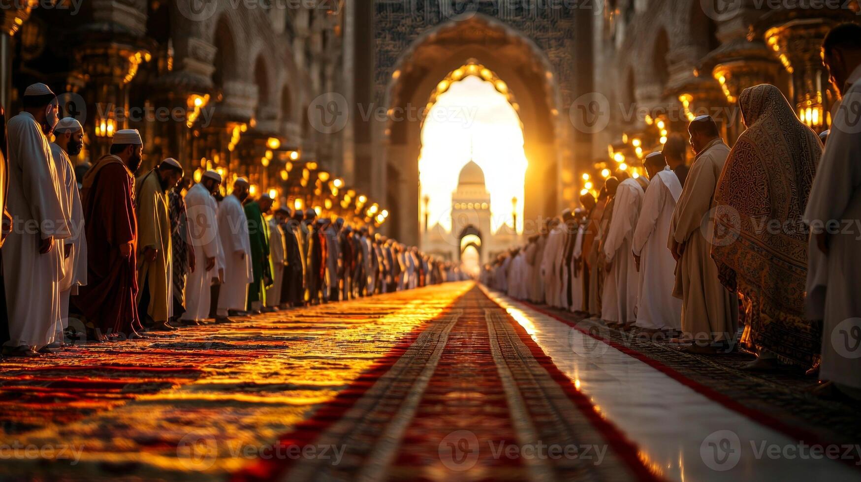 congregation engages in Taraweeh prayers in historic mosque during Ramadan illuminated soft moonlight shining through arches creating peaceful ambiance photo