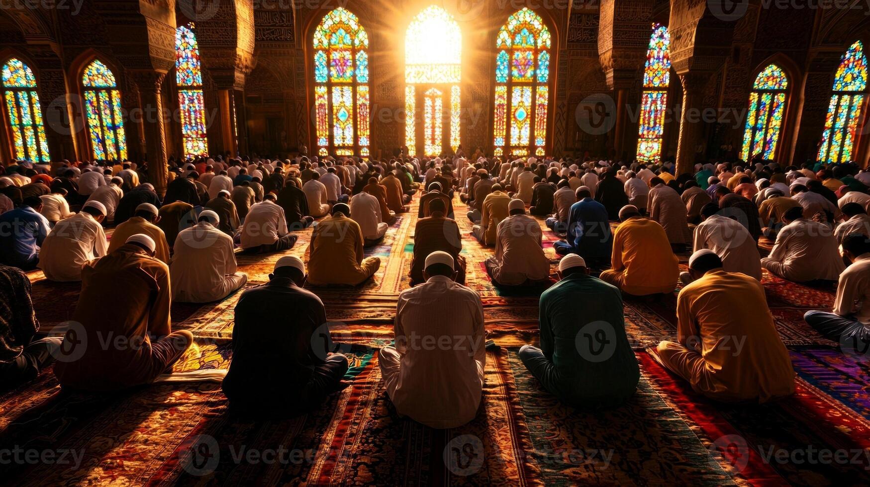 large group of Muslim worshippers stands in unison performing Salah inside grand mosque illuminated soft golden light from intricate stained glass windows photo