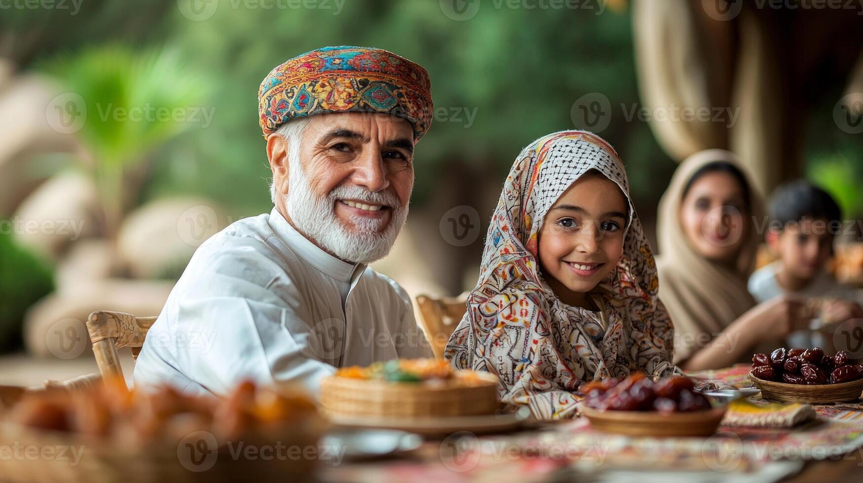 joyful Muslim family gathers around wooden table celebrate Eid al Fitr. They share dates sweets and enjoy colorful decorations in warm inviting atmosphere photo