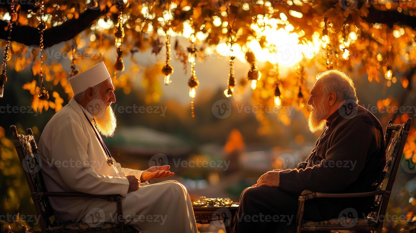 Muslim doctor in white coat offers free medical assistance elderly man in peaceful rural setting. warm afternoon sunlight filters through trees creating serene atmosphere photo