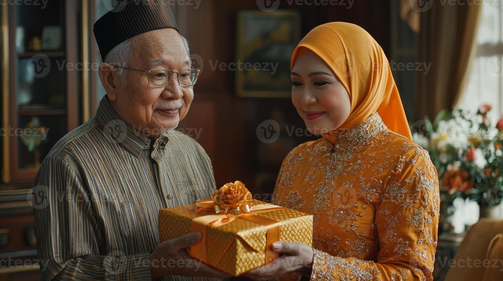 elderly Muslim couple shares moment of love and joy in their inviting living room as they exchange beautifully wrapped gifts. Their warm hands touch as they celebrate Eid al Fitr photo