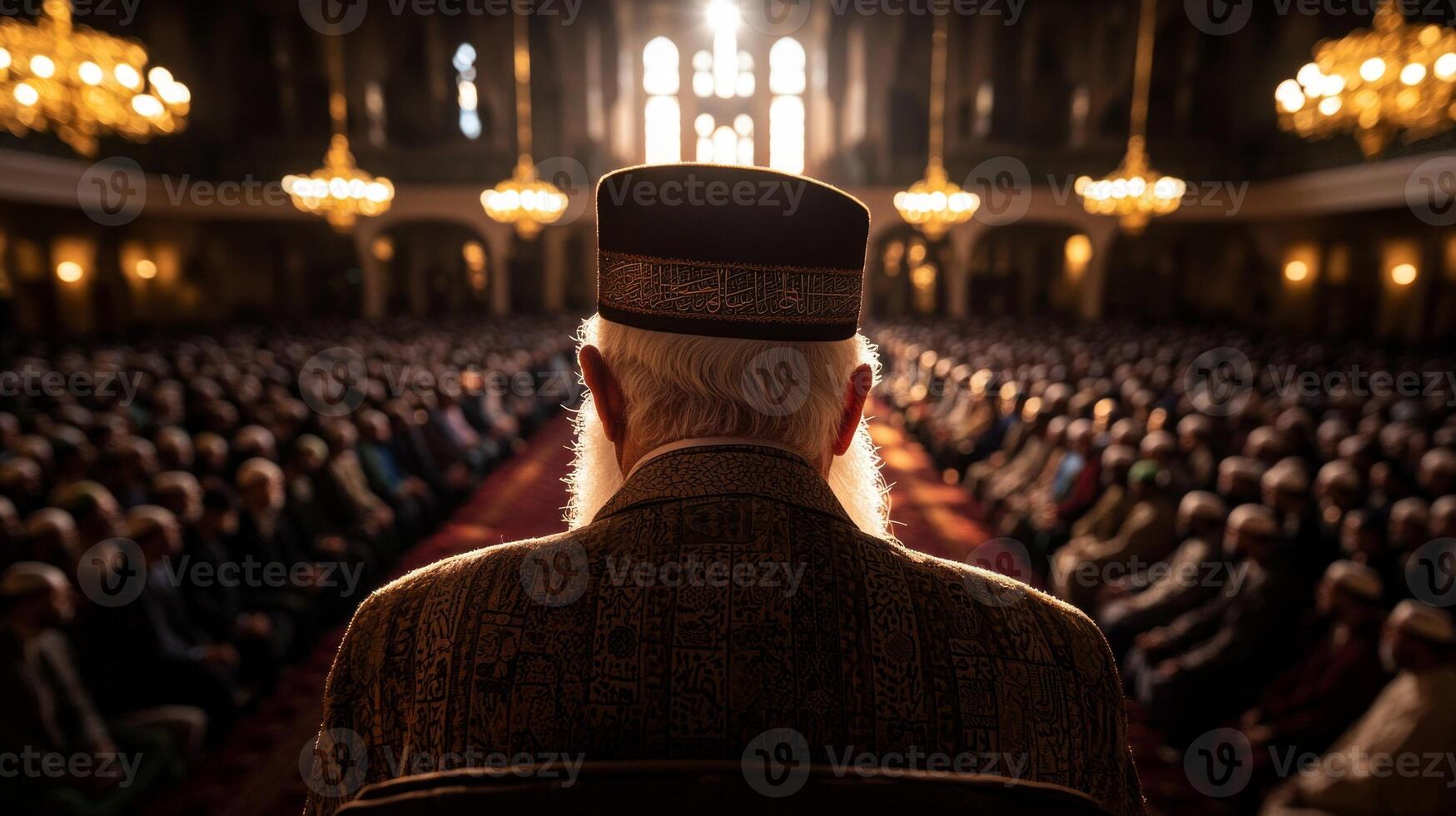 Imam stands before large group of worshippers delivering Khutbah while intricate details of mosque's architecture provide beautiful backdrop during Friday prayers photo