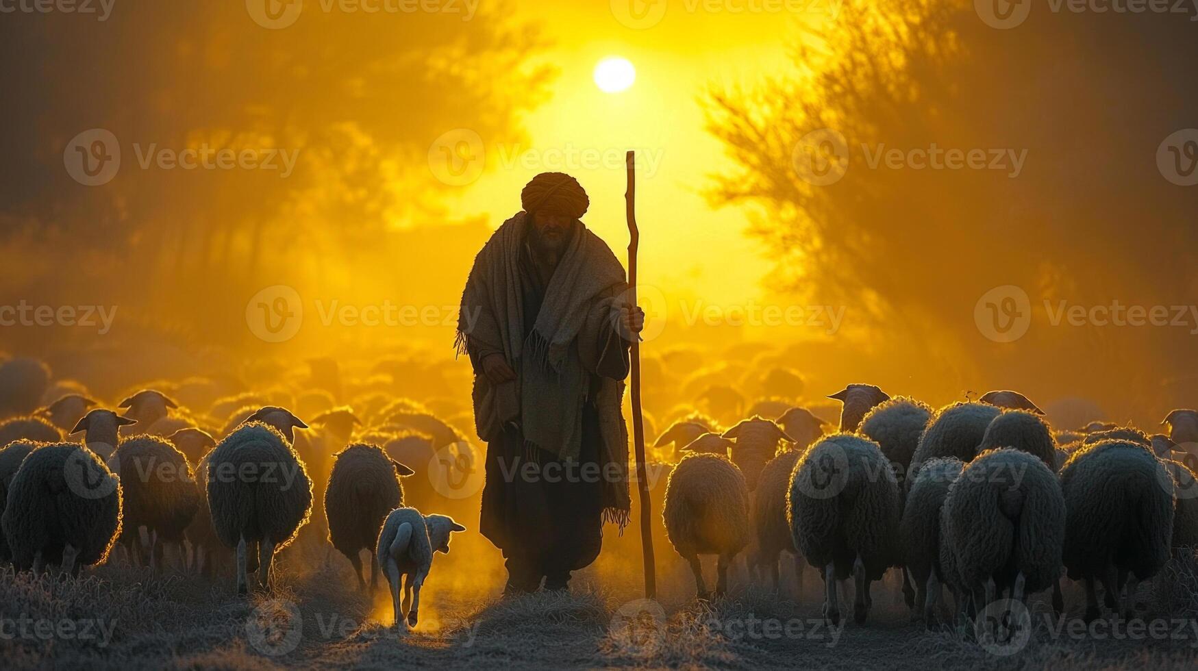 rural shepherd in traditional woolen clothing guides large flock of sheep through misty meadow sunrise. His loyal sheepdog runs alongside creating serene timeless moment photo