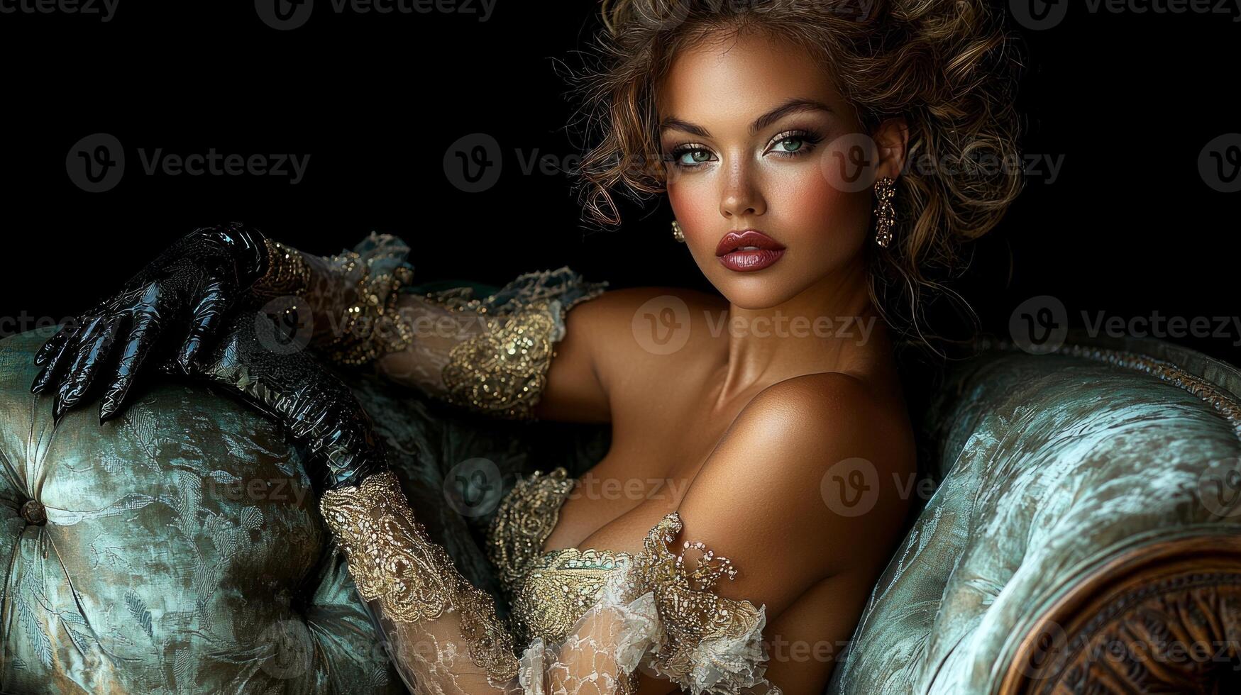 confident woman wearing black and gold Venetian style mask sits elegantly on vintage armchair. noir lighting highlights her intricate mask details and luxurious satin gloves photo