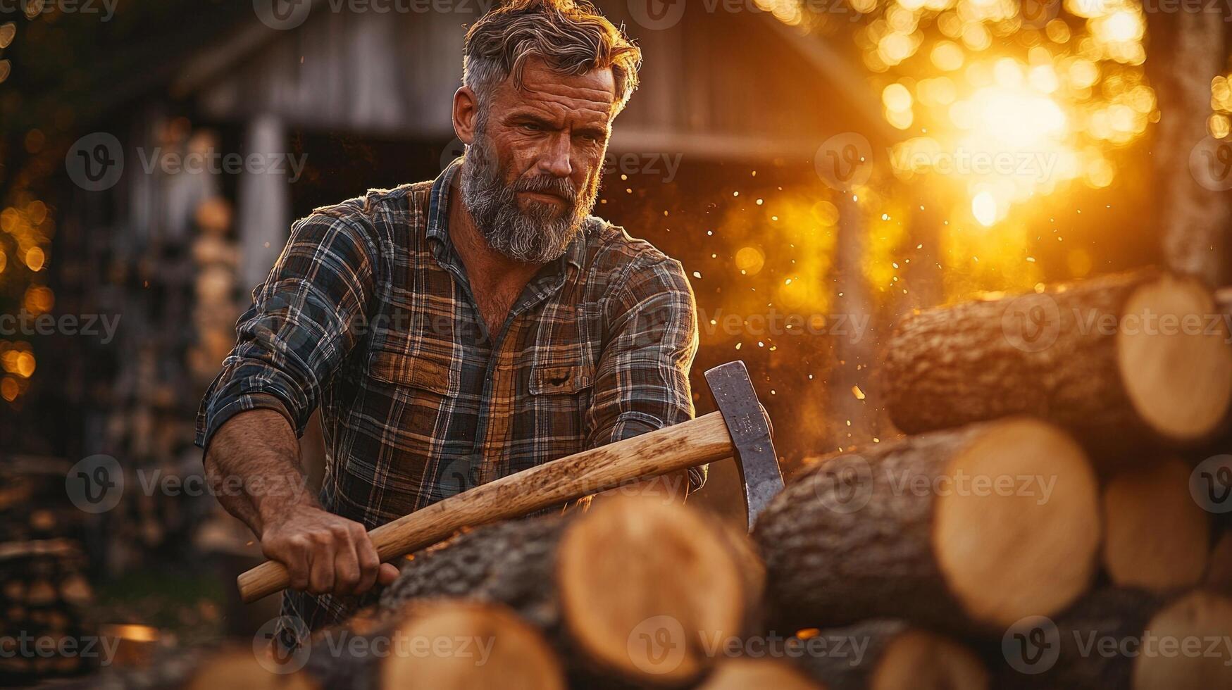 strong farmworker in plaid shirt swings axe split logs precision during sunset. Behind him stacked firewood adds rustic atmosphere of farm photo