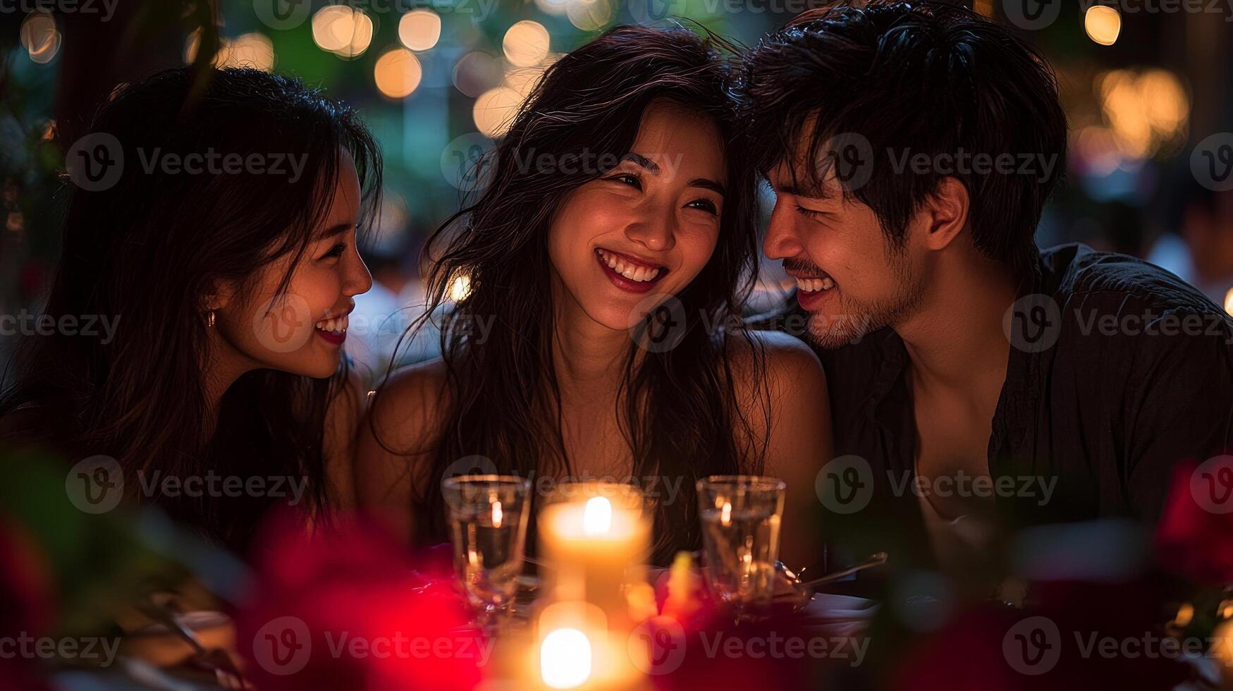Three stylish partners enjoy romantic evening filled affection and laughter luxurious restaurant. candlelit table and intimate setting enhance their deep bond and connection photo