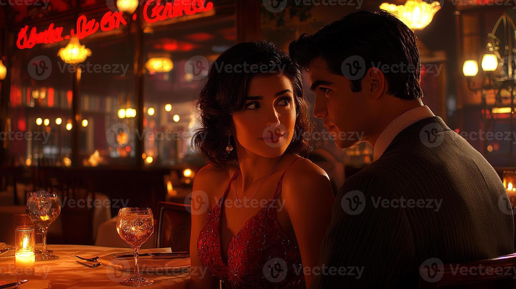 Three partners share intimate evening high end restaurant. Their well dressed outfits and affectionate interactions enhance romantic atmosphere highlighting their deep connection photo