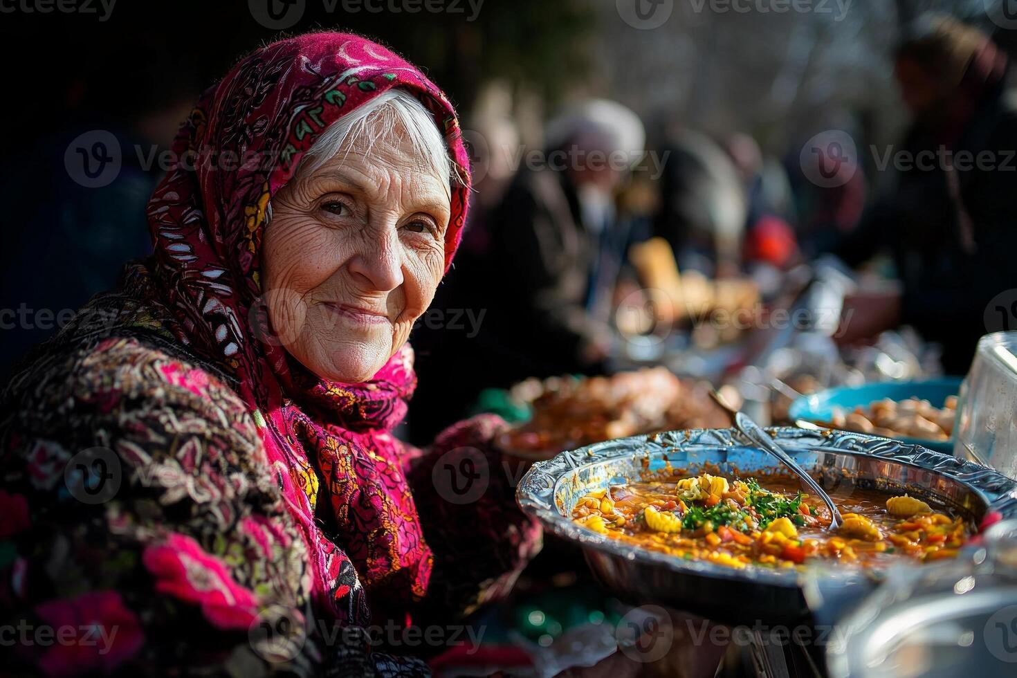 Muslim woman in hijab serves warm soup individuals in need displaying warm smile and embodying compassion while helping charity kitchen during festive celebration photo
