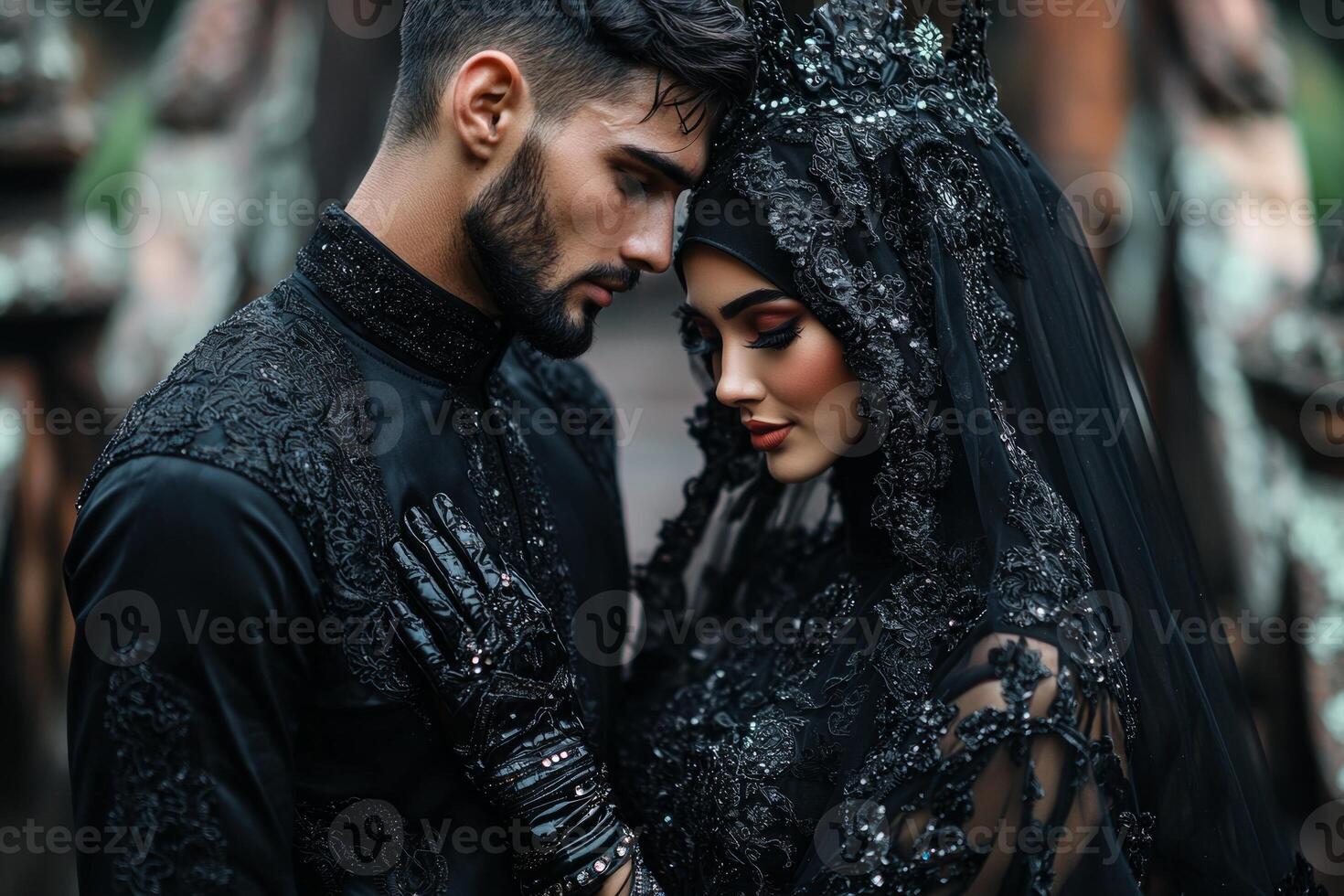young Muslim couple in matching abaya and thobe share warm gaze on intricately carved wooden bridge in ancient city celebrating spirit of unity and love during significant holiday photo
