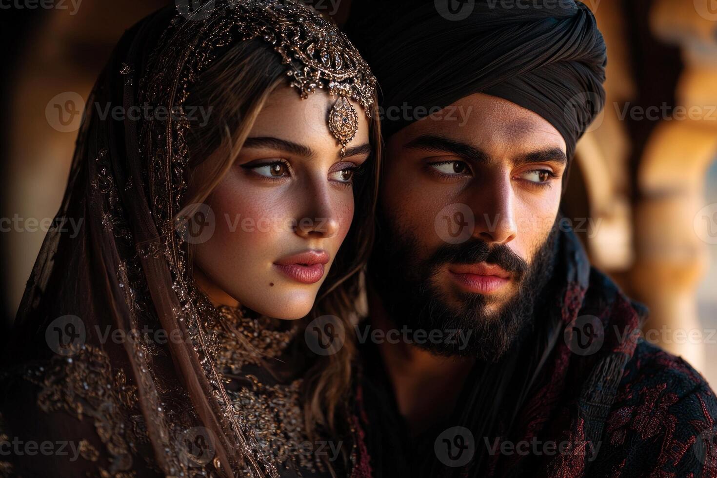 young Muslim couple in matching attire stands on beautifully carved wooden bridge exchanging warm glances as they celebrate Eid al Fitr in ancient city photo
