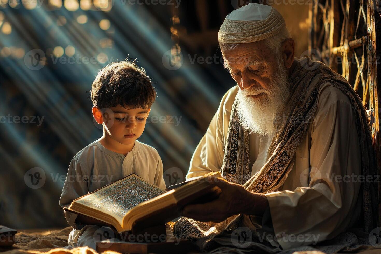 elderly man and young boy engage in heartfelt prayer together in cozy home space Quran open on wooden stand illuminated warm ambient light photo