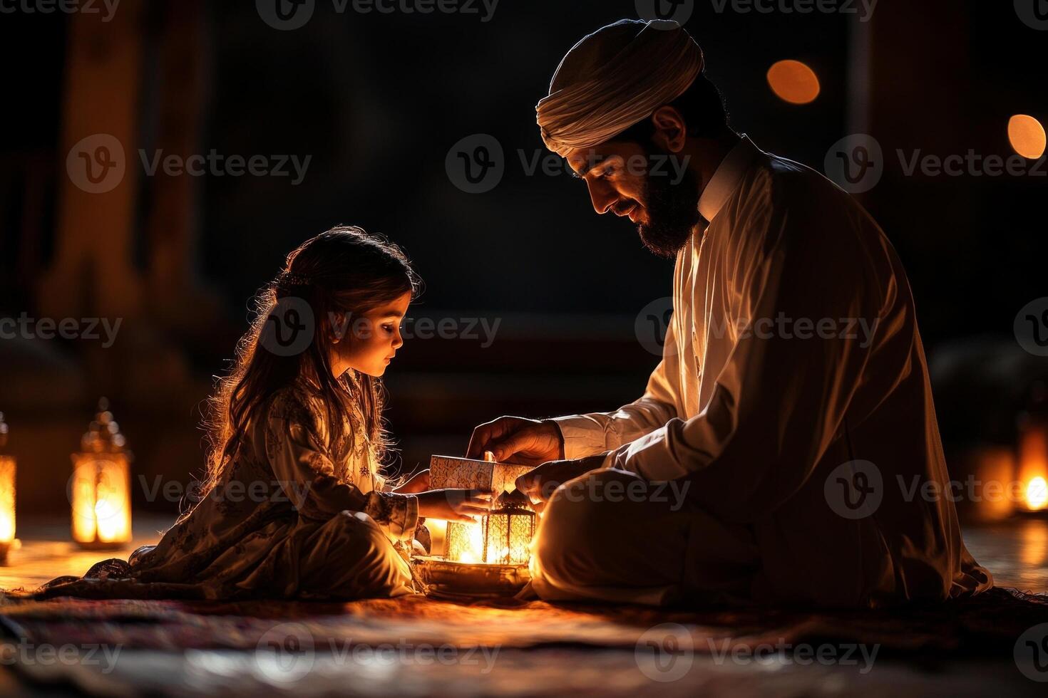 In warm living room adorned lanterns siblings exchange thoughtful gifts embracing spirit of Eid al Fitr while dressed in traditional attire celebrating family and unity photo