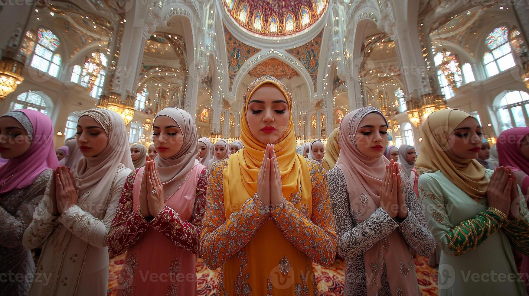Inside beautifully adorned mosque row of women in vibrant hijabs stand in prayer during Eid al Fitr. Soft lighting highlights their devotion and shared traditions in festive gathering photo