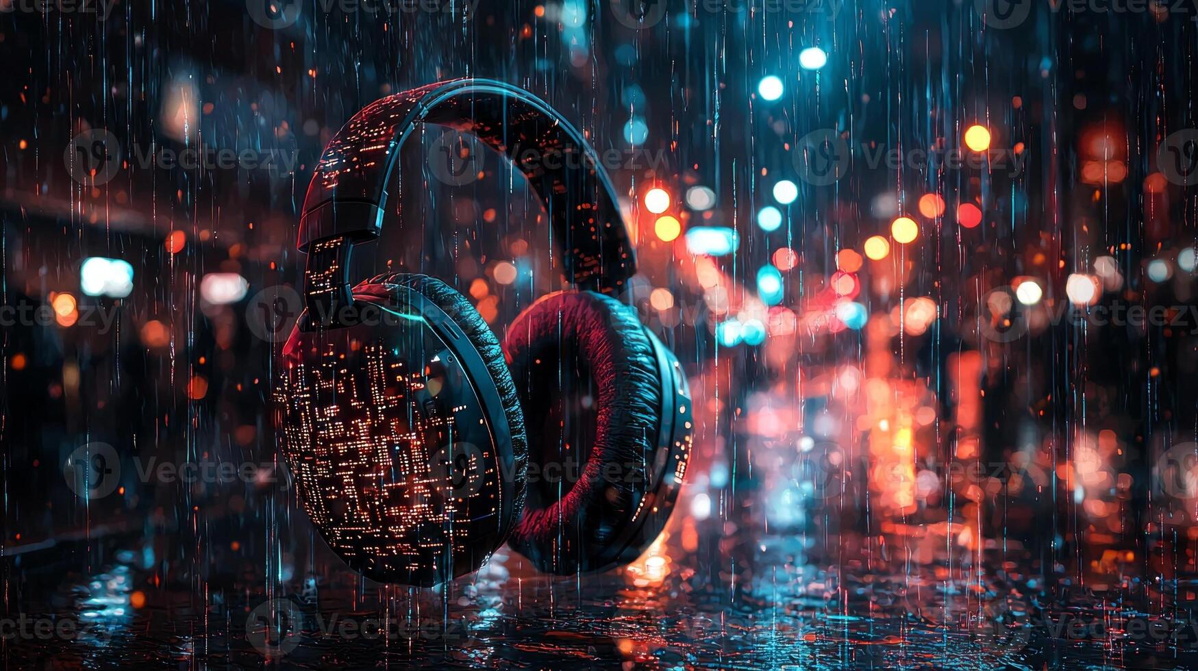 Cyberpunk inspired headphones showcase angular lines and glowing neon circuits. backdrop features rain soaked streets illuminated vibrant city lights night creating urban atmosphere photo