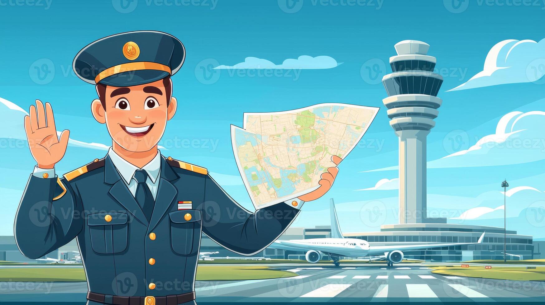 cartoon airline pilot in sharp uniform waves cheerfully while holding map standing confidently airport clear blue sky and airplane in background on runway photo