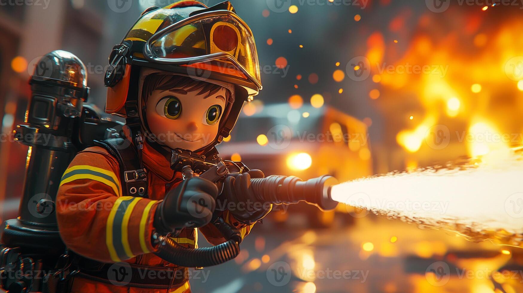 courageous cartoon firefighter in bright gear is actively spraying water onto small fire. In distance firetruck is parked near burning building surrounded smoke photo