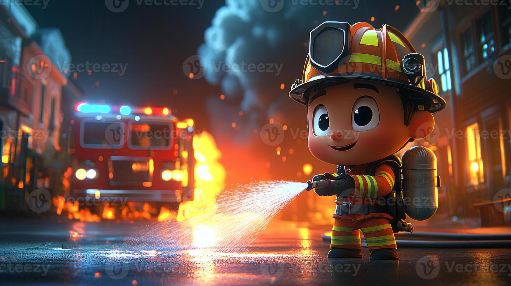 brave cartoon firefighter in bright gear valiantly sprays water onto small fire while firetruck stands ready nearby. Smoke rises from burning building in background photo