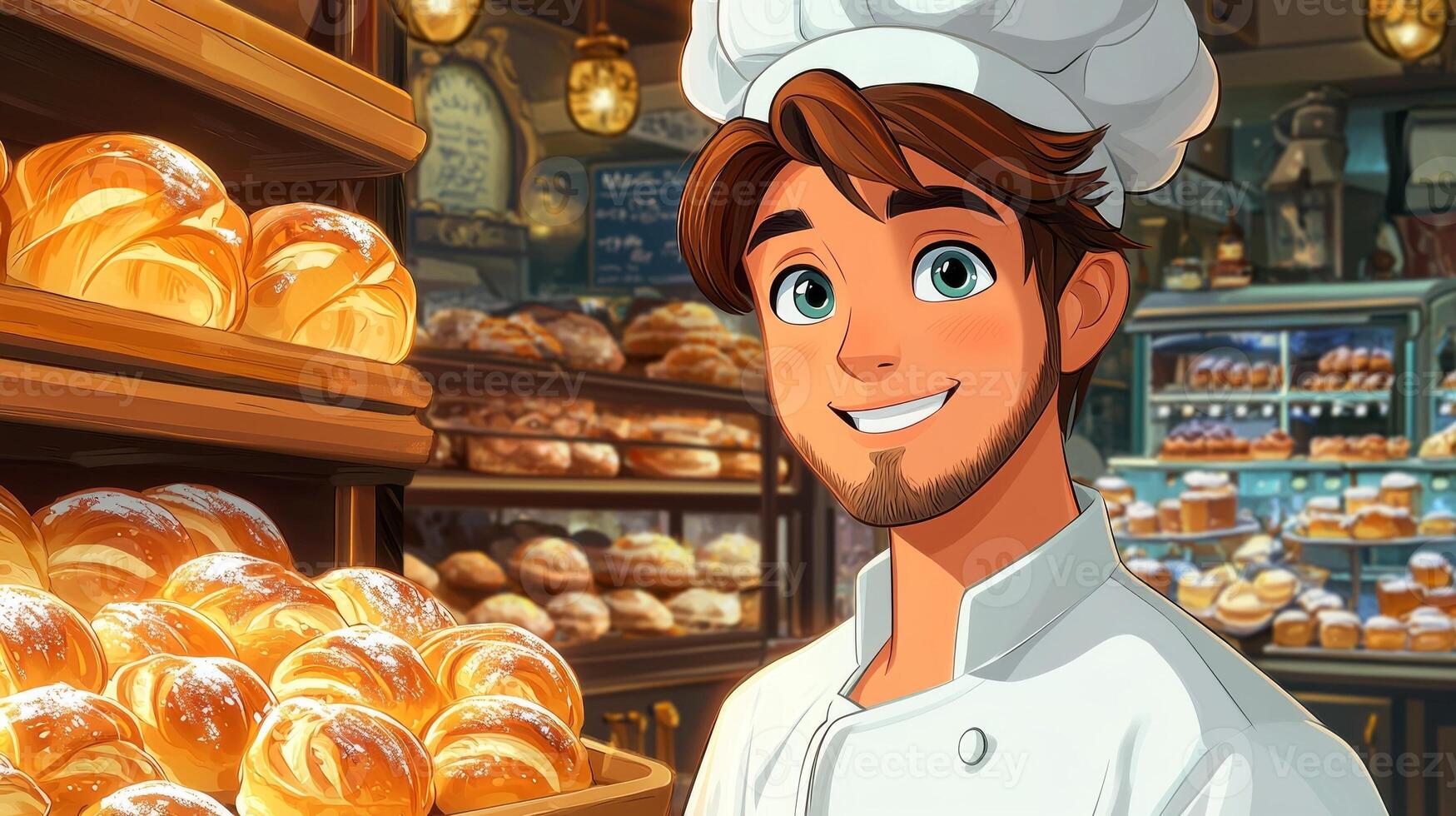 cheerful cartoon baker in chef's hat pulls tray of freshly baked bread from oven. warm bakery is adorned shelves of tempting pastries creating inviting atmosphere photo