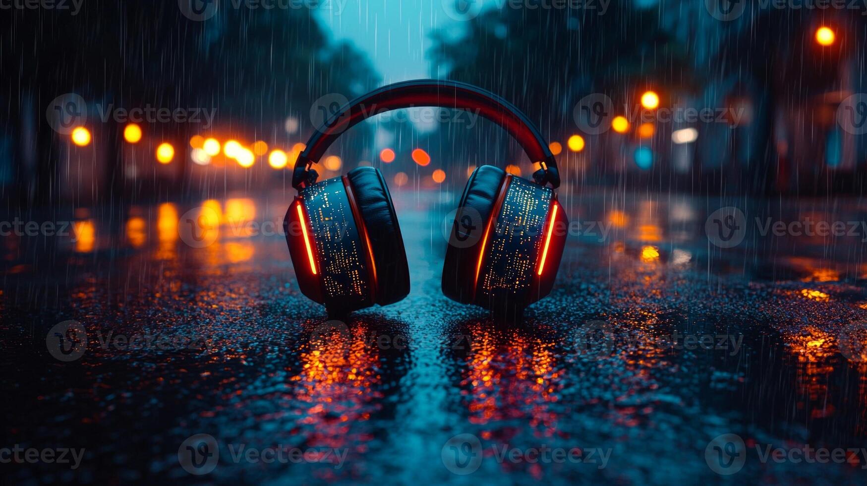 striking pair of cyberpunk inspired headphones features angular lines and holographic panels illuminated neon circuits photo