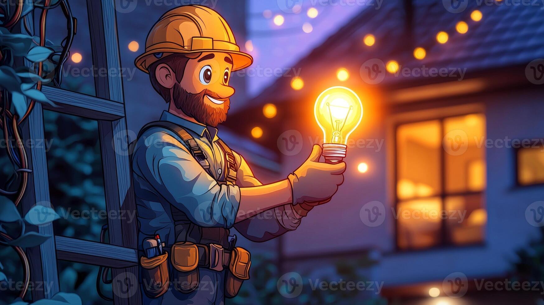 Electrician in toolbelt is repairing vibrant light bulb while standing on tall ladder. Behind him cozy home showcases organized wires and warm indoor lighting dusk photo