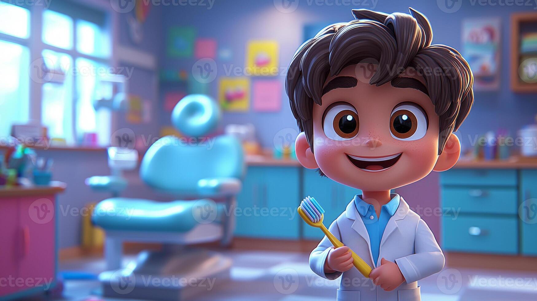 friendly cartoon dentist in white coat stands in vibrant dental office. He holds large toothbrush encouraging good dental habits while surrounded colorful tools and patient chair photo