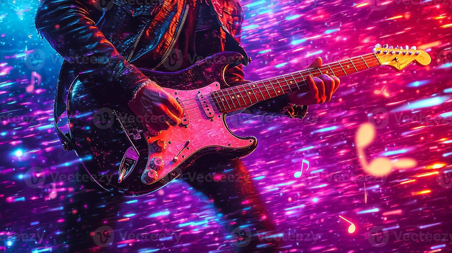 cartoon musician passionately plays guitar on small stage surrounded dazzling lights. lively audience enjoys performance as musical notes float around photo