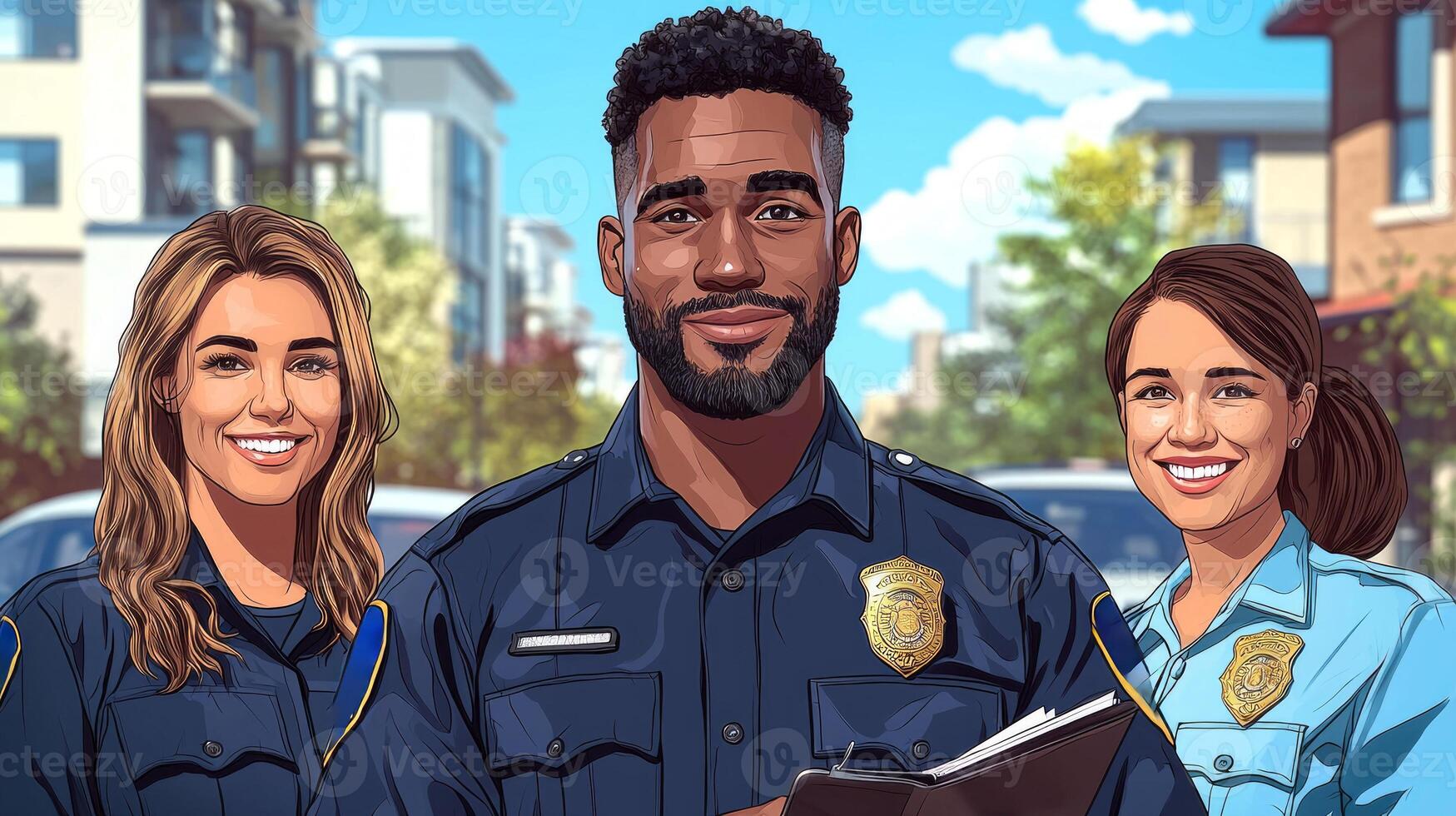 cartoon police officer stands tall beside police car in bright neighborhood. He holds notepad and interacts smiling community members in warm sunlight photo